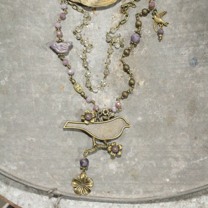 Bird Chirping Purple Czech Layered Necklace