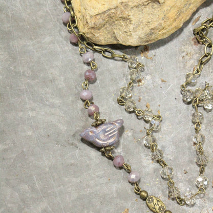Bird Chirping Purple Czech Layered Necklace