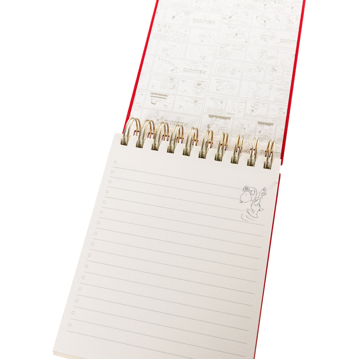 Peanuts Fabric-Bound Notepad, A red fabric-bound notepad with Snoopy typing at his typewriter in gold foil on the cover and gold gilded page edges.