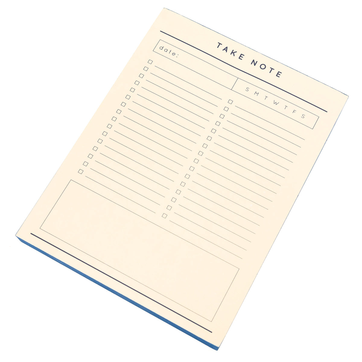 Modern Cobalt Large Notepad, A cream notepad printed 'Take Note' with a cobalt blue painted edge, a date and day checklist, and a boxed notes section.