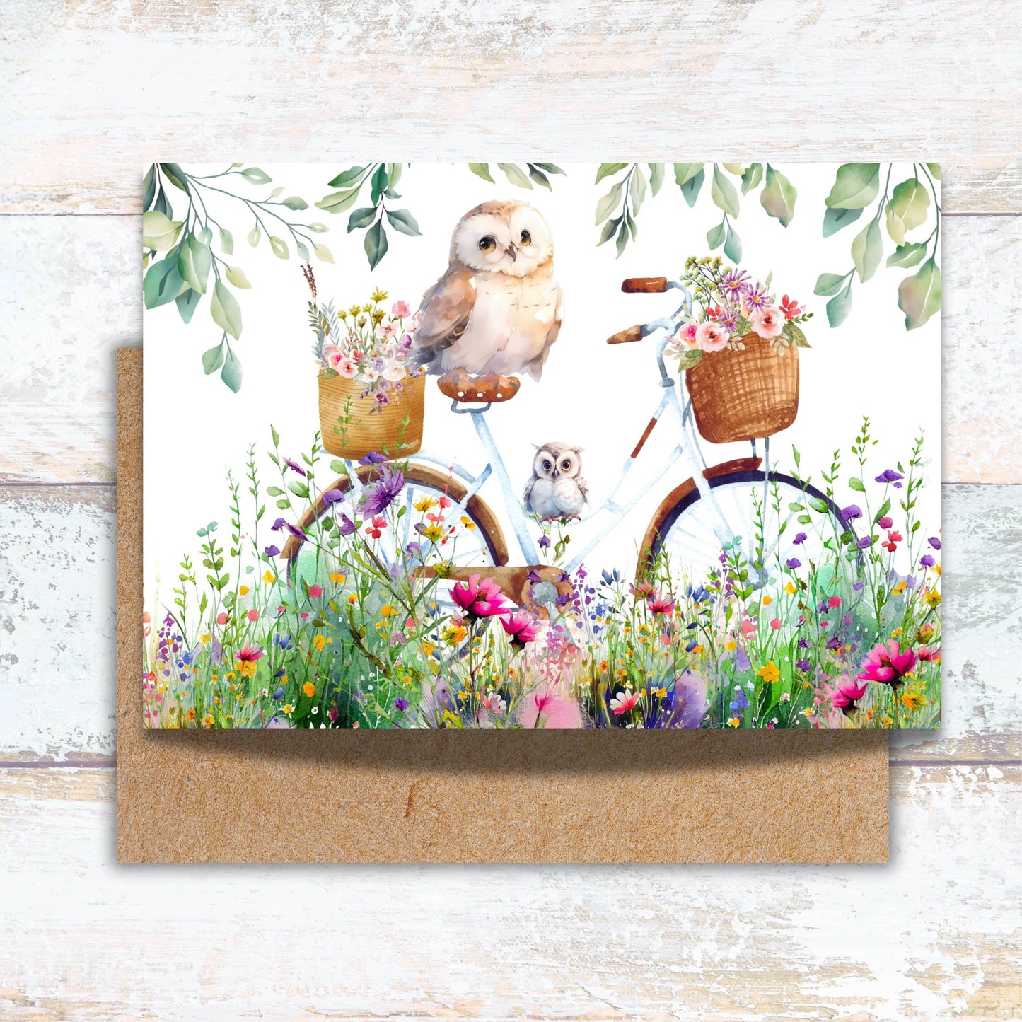 Owls Sitting on a Floral Bicycle Watercolor Greeting Card 