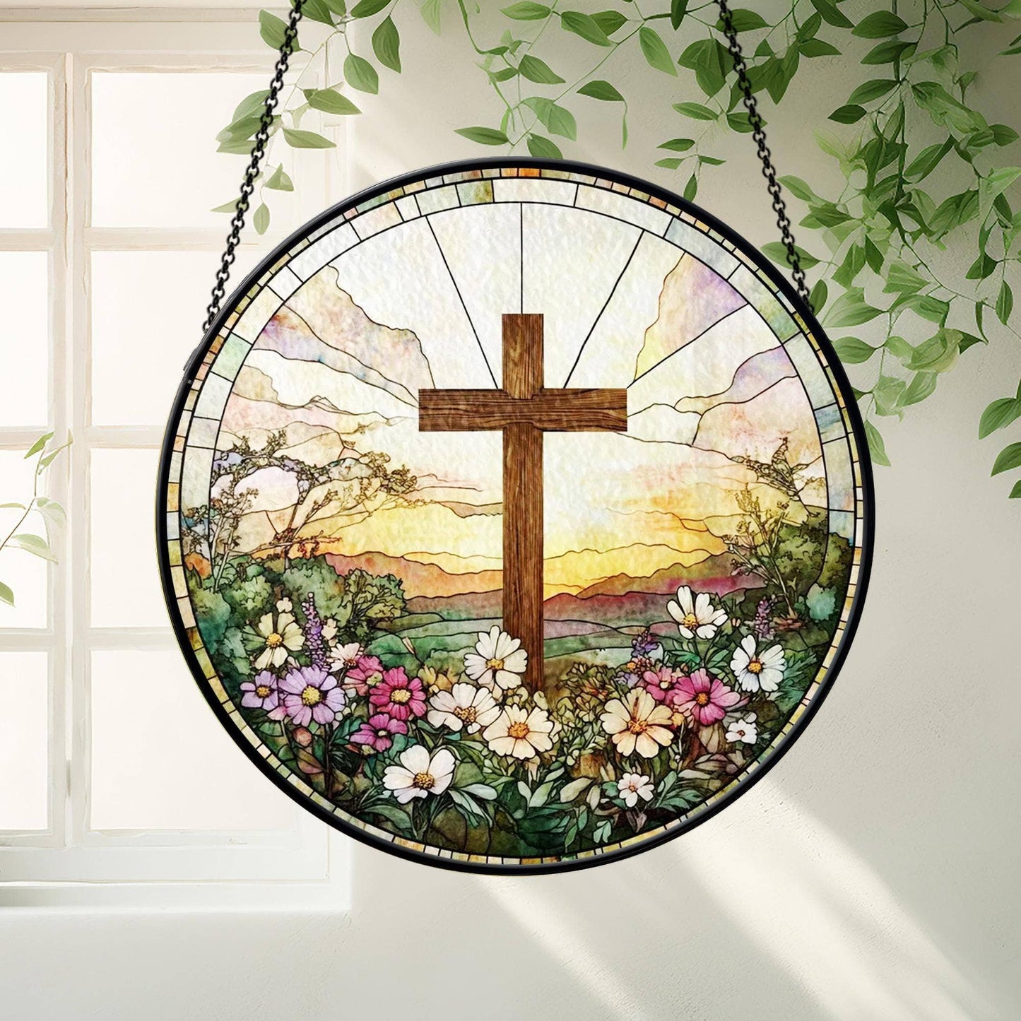 Stained Glass Cross And Wildflowers Suncatcher, Flower Cross