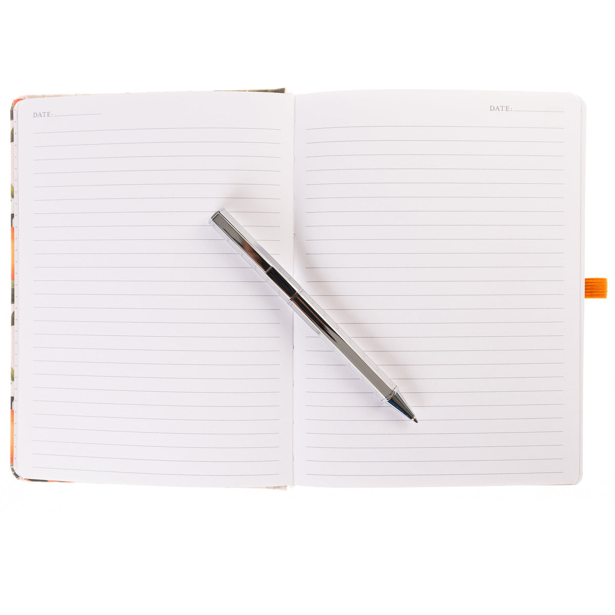 La Petite Presse L'Orange Fabric-Bound Journal with Pen, An orange grove fabric journal, closed with an orange elastic band and a silver pen tucked into a loop.