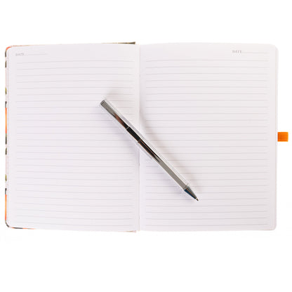 La Petite Presse L'Orange Fabric-Bound Journal with Pen, An orange grove fabric journal, closed with an orange elastic band and a silver pen tucked into a loop.
