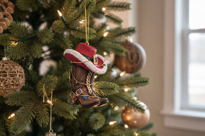 CHRISTMAS ORNAMENT BOOTS RED HAT, 2.25"X2"X3.25