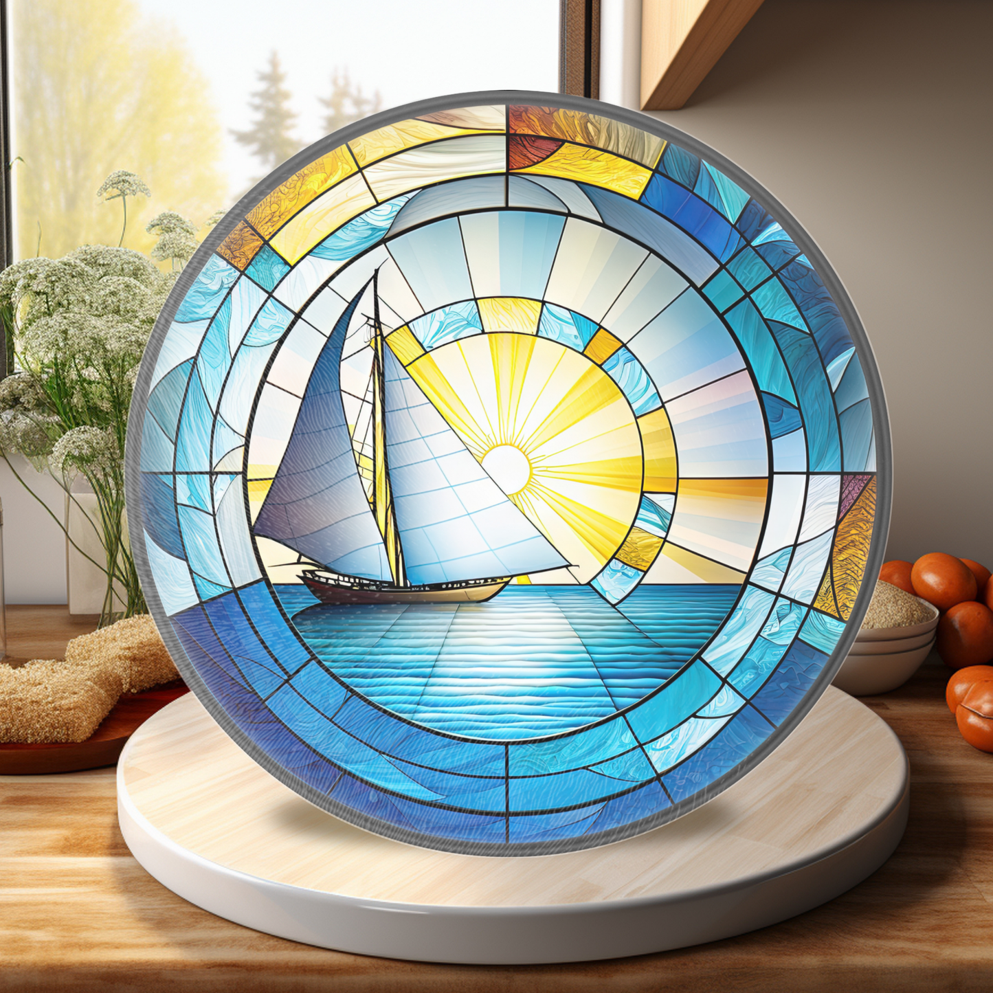 Tempered Glass Cutting Board: Sailboat Nautical Serving Tray: 12 - Inch