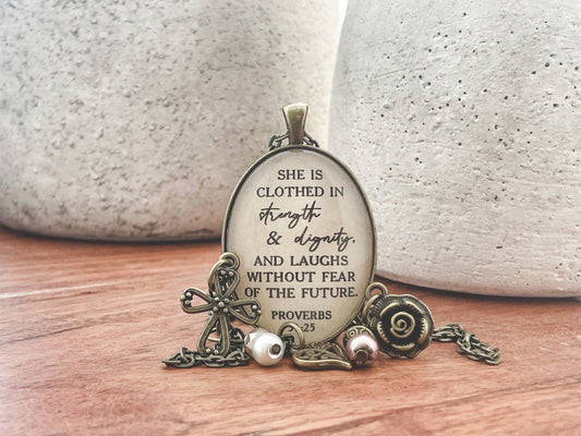 She is clothed in strength and dignity Proverbs 31 necklace