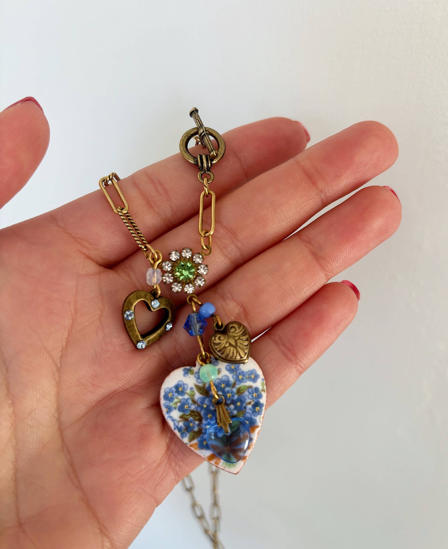 Blue Flower Bouquet Crystal Heart Charm Link Chain Necklace