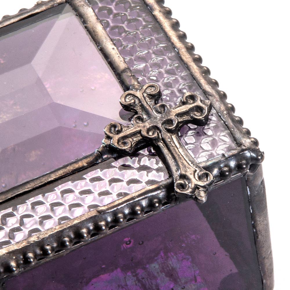 Purple Stained Glass Decorative Rosary Box with Cross