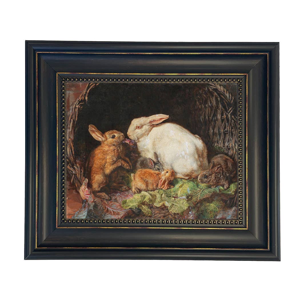 Hares and Young Framed Painting Print on Canvas