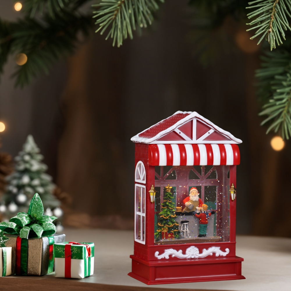 Christmas Musical Coffee Shop Snow Globe with Santa Claus Scene for Christmas Decoration