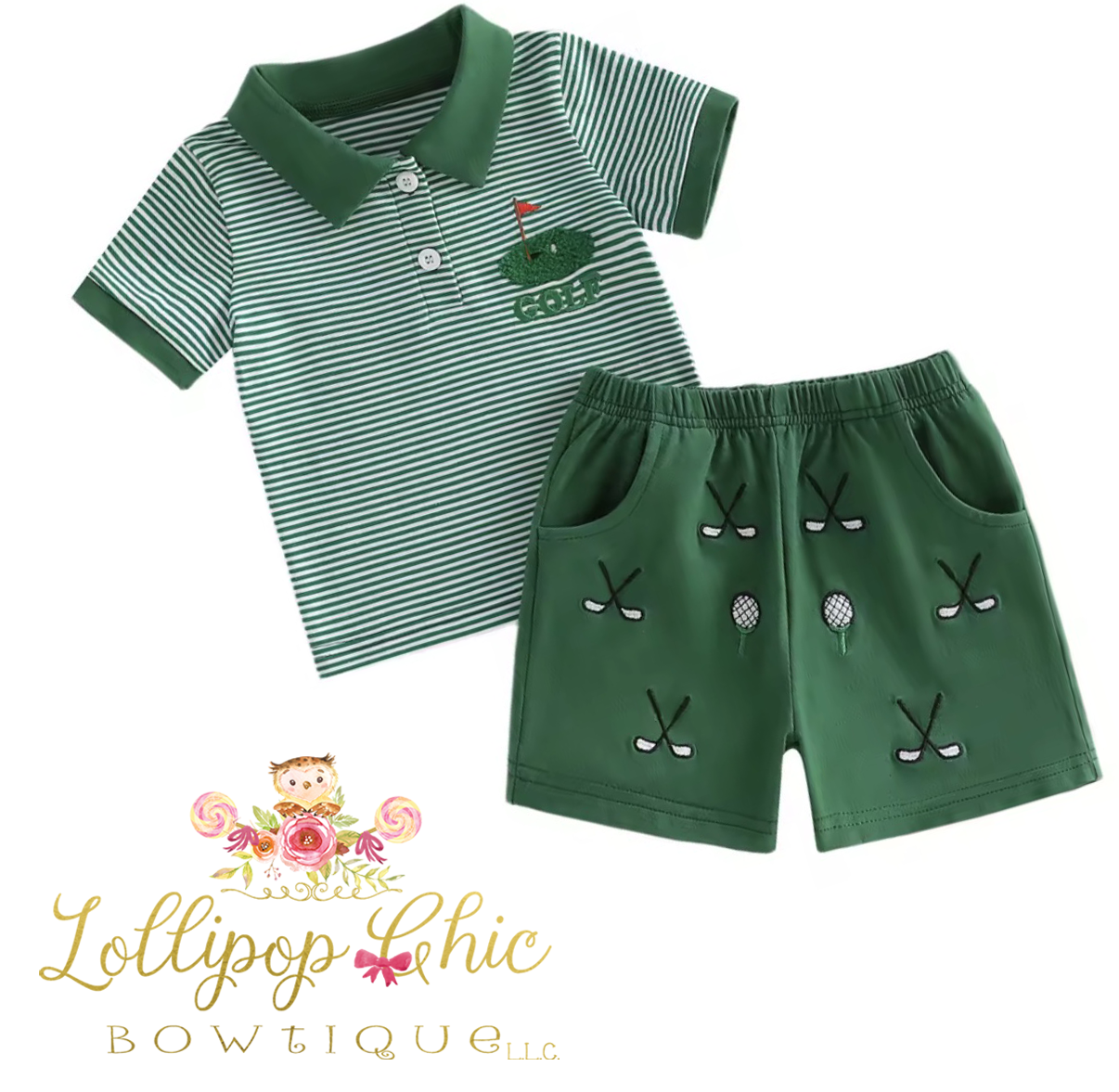 Baby and Toddler Boy Embroidered Dark Green Golf Shorts Set : 6-12M