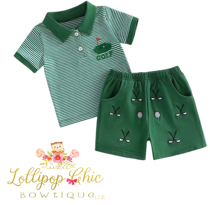 Baby and Toddler Boy Embroidered Dark Green Golf Shorts Set : 6-12M