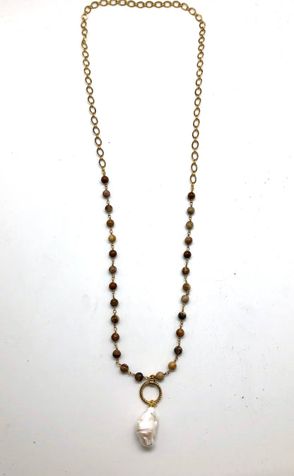 Necklace Long Picture Jasper(6mm) w/Baroque Pearl 34”
