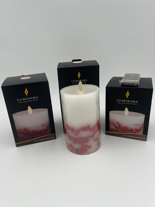 Set of 3 White Wax Red Berry Indoor Square Luminara Candles w/Remote