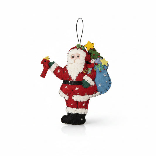 Santa holding cardinal ornament
