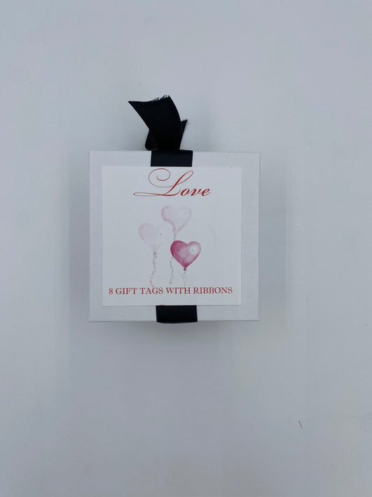 8 Love Gift Tags in A Box Tied with Black Ribbon