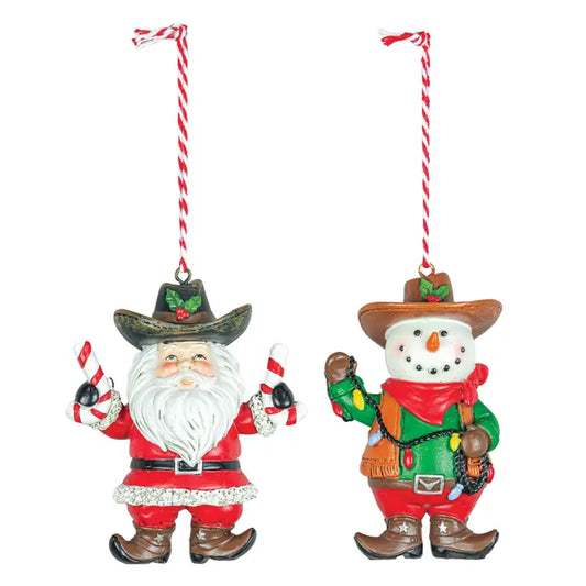 Adorno de resina de Papá Noel vaquero o muñeco de nieve vaquero surtido - 3,74" de alto