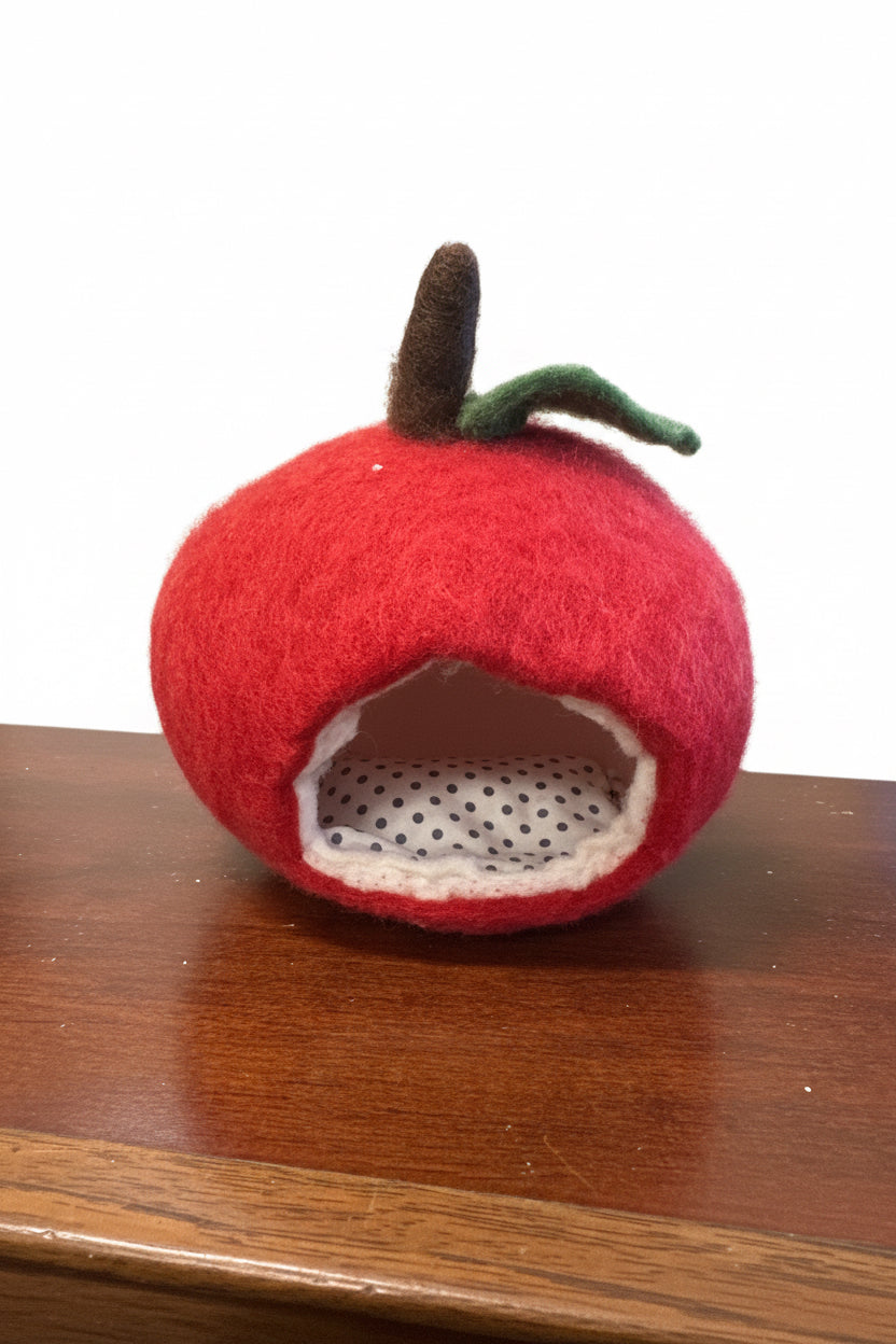 Ratón de peluche durmiendo en una manzana