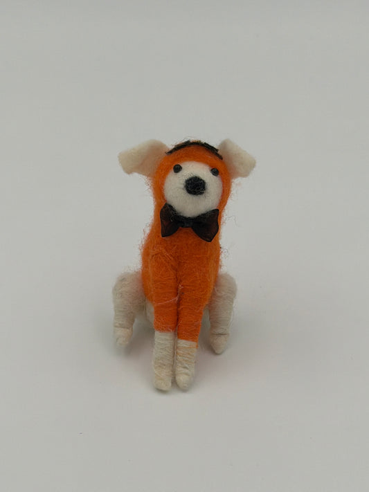 White Felt Dog in Pumpkin Costume-4"