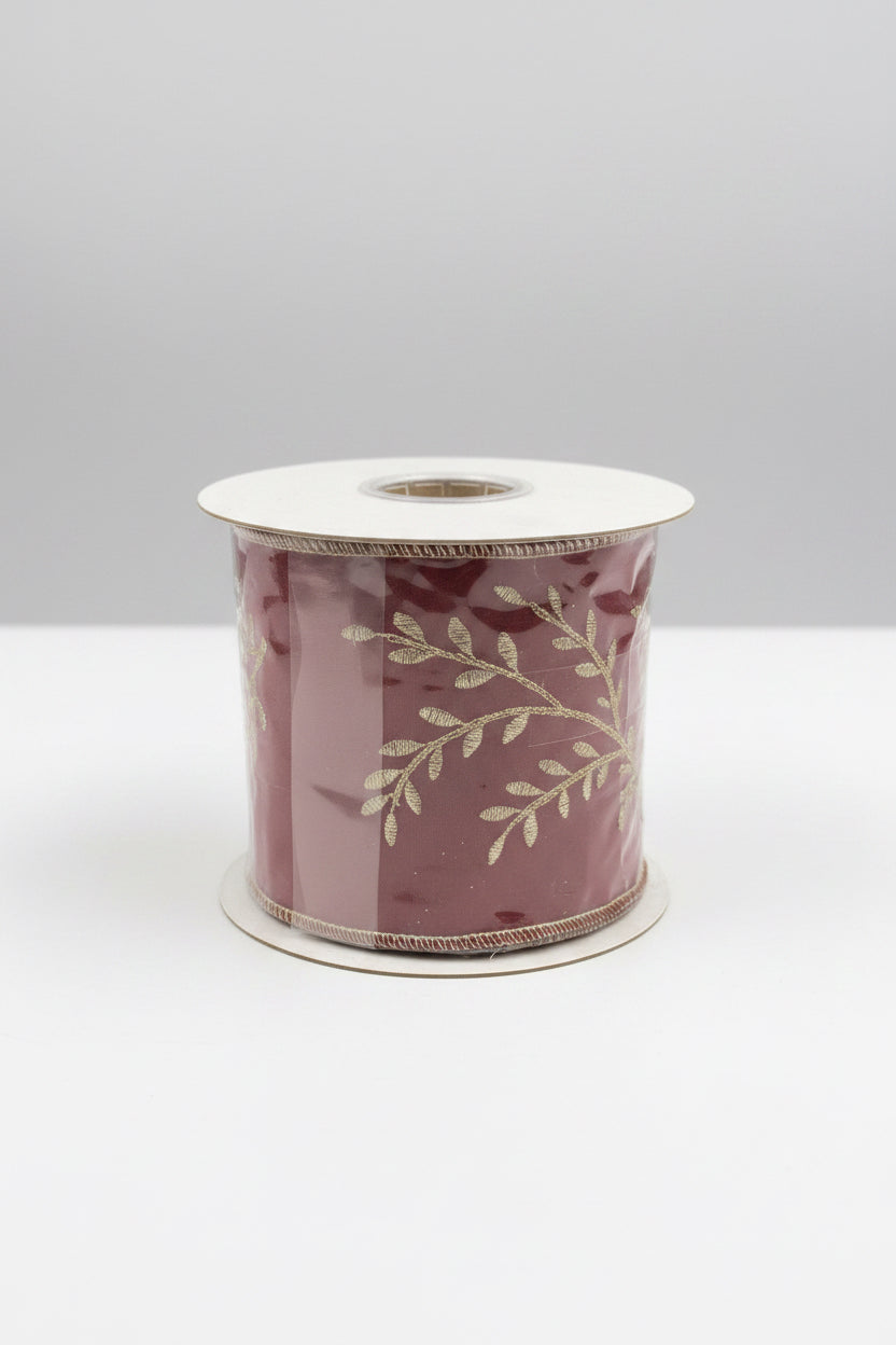 4 inch Red Wired Ribbon w/Gold Embroidery (5 yards)
