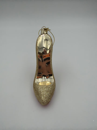 Ornament glass gold glitter high heel shoe