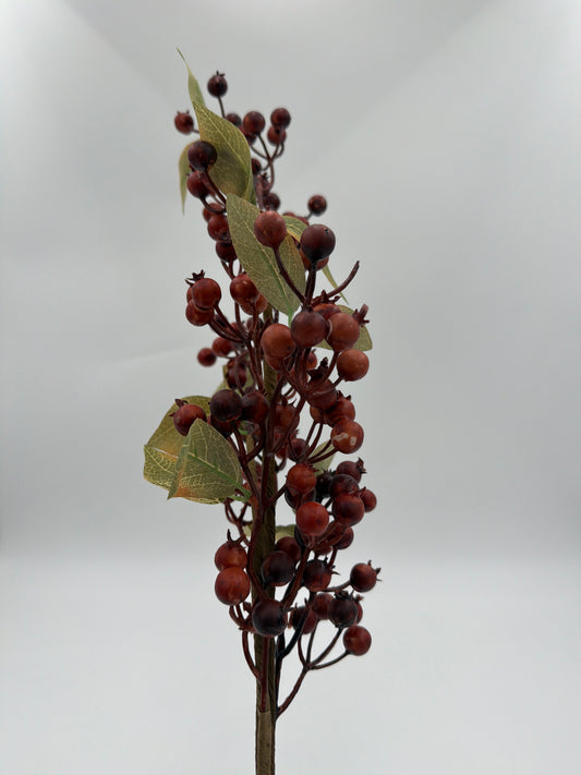 27 Inch Brown Berry Spray with Green Leaves