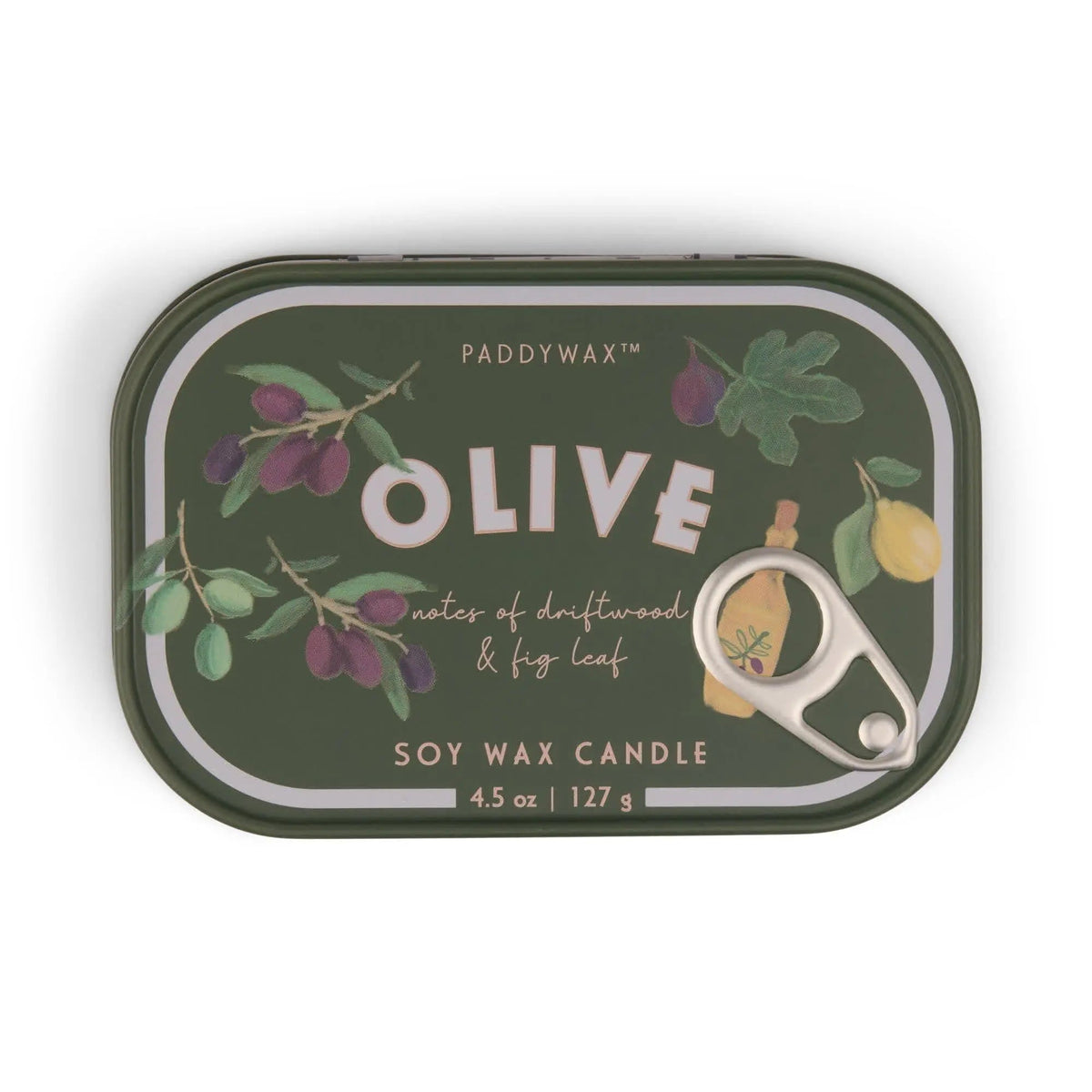 Bistro 4.5 oz Tin Candle, A pink tin candle illustrated with martini glasses, olives and a lemon, labeled Martini Soy Wax Candle.