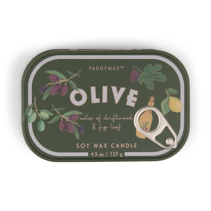 Bistro 4.5 oz Tin Candle, A pink tin candle illustrated with martini glasses, olives and a lemon, labeled Martini Soy Wax Candle.