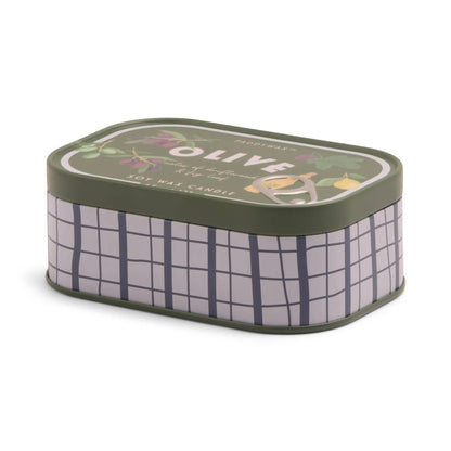 Bistro 4.5 oz Tin Candle, A pink tin candle illustrated with martini glasses, olives and a lemon, labeled Martini Soy Wax Candle.