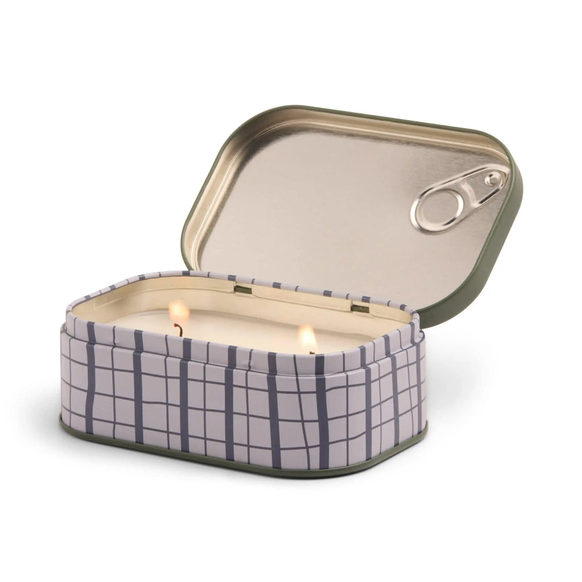 Bistro 4.5 oz Tin Candle, A pink tin candle illustrated with martini glasses, olives and a lemon, labeled Martini Soy Wax Candle.