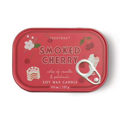 Bistro 4.5 oz Tin Candle, A pink tin candle illustrated with martini glasses, olives and a lemon, labeled Martini Soy Wax Candle.