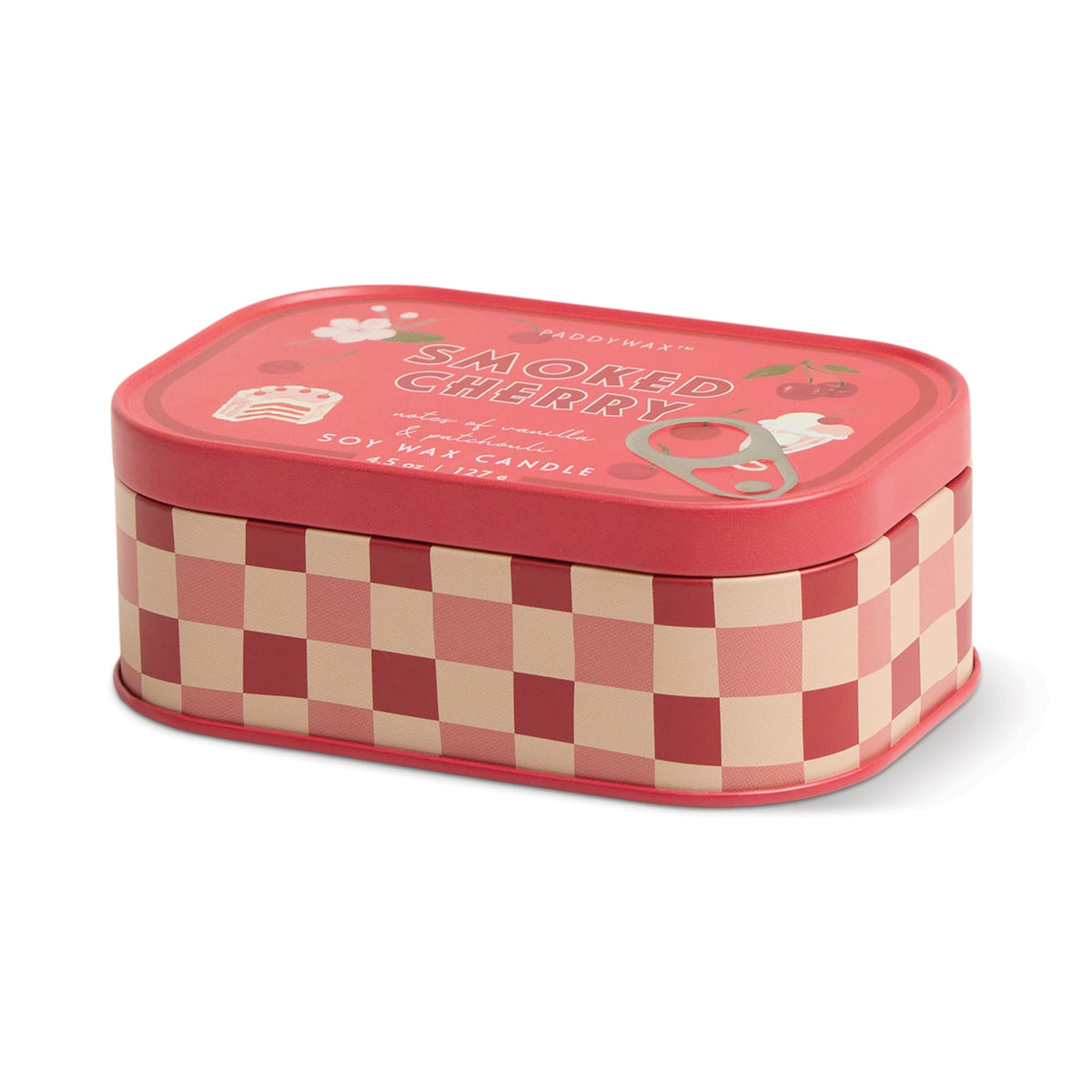 Bistro 4.5 oz Tin Candle, A pink tin candle illustrated with martini glasses, olives and a lemon, labeled Martini Soy Wax Candle.