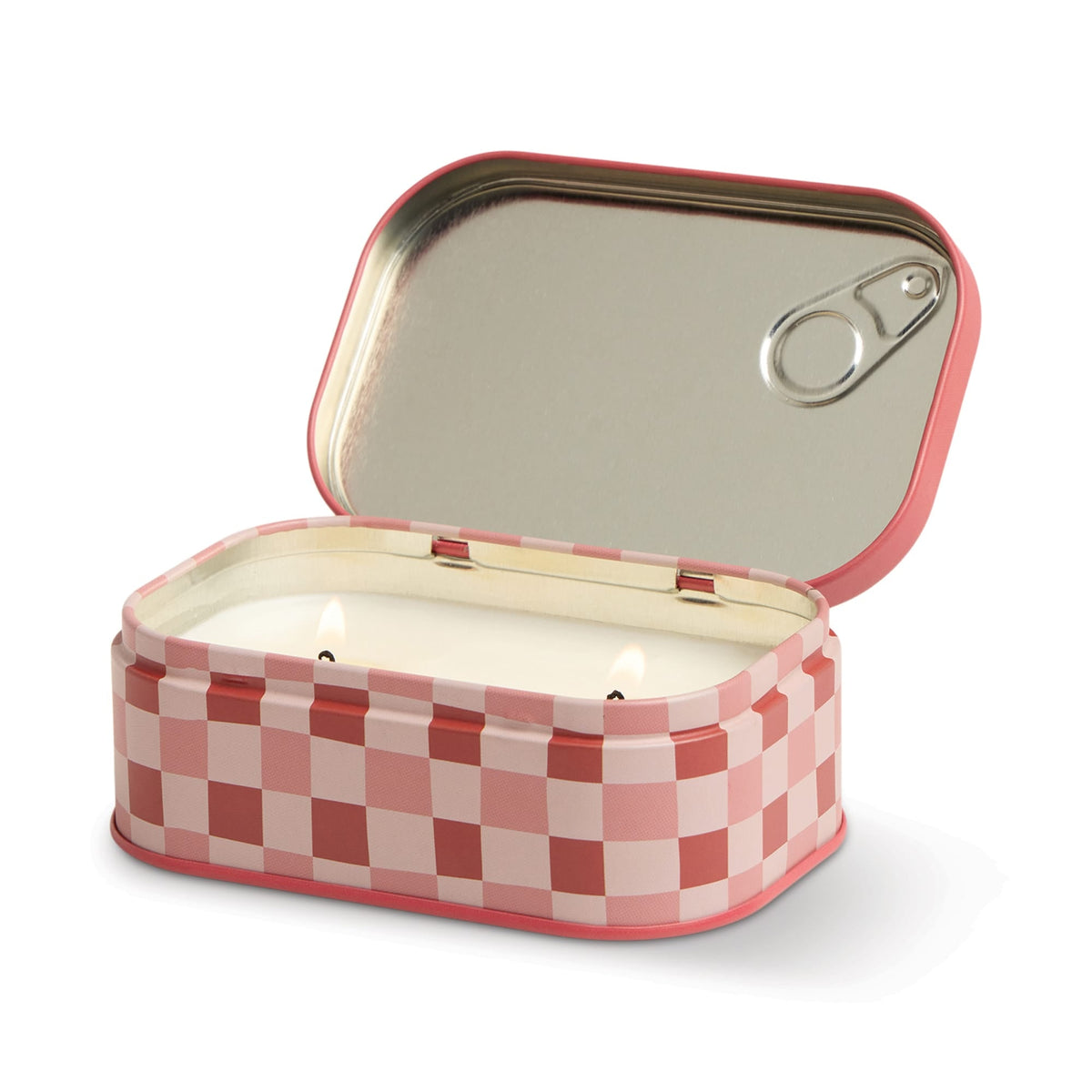 Bistro 4.5 oz Tin Candle, A pink tin candle illustrated with martini glasses, olives and a lemon, labeled Martini Soy Wax Candle.