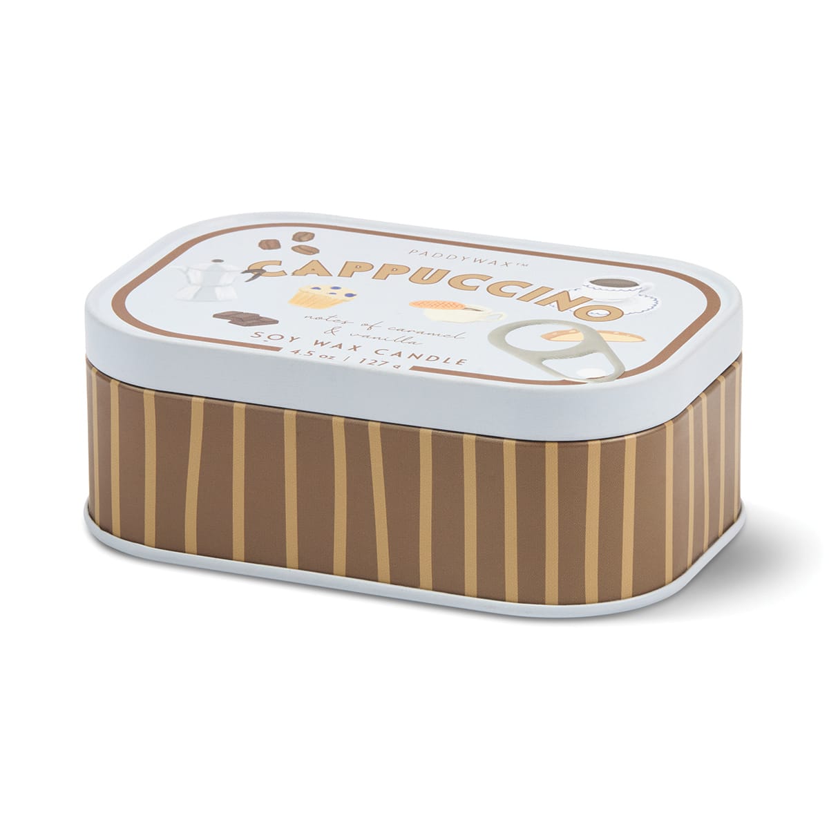 Bistro 4.5 oz Tin Candle, A pink tin candle illustrated with martini glasses, olives and a lemon, labeled Martini Soy Wax Candle.