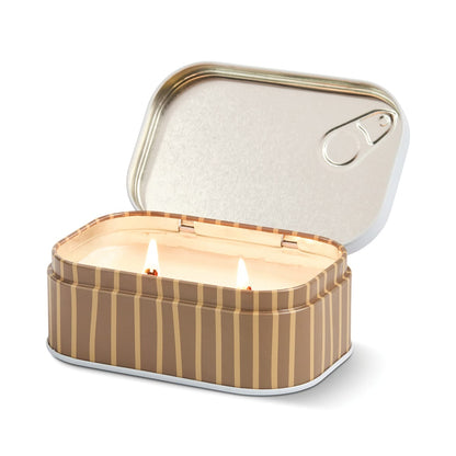 Bistro 4.5 oz Tin Candle, A pink tin candle illustrated with martini glasses, olives and a lemon, labeled Martini Soy Wax Candle.