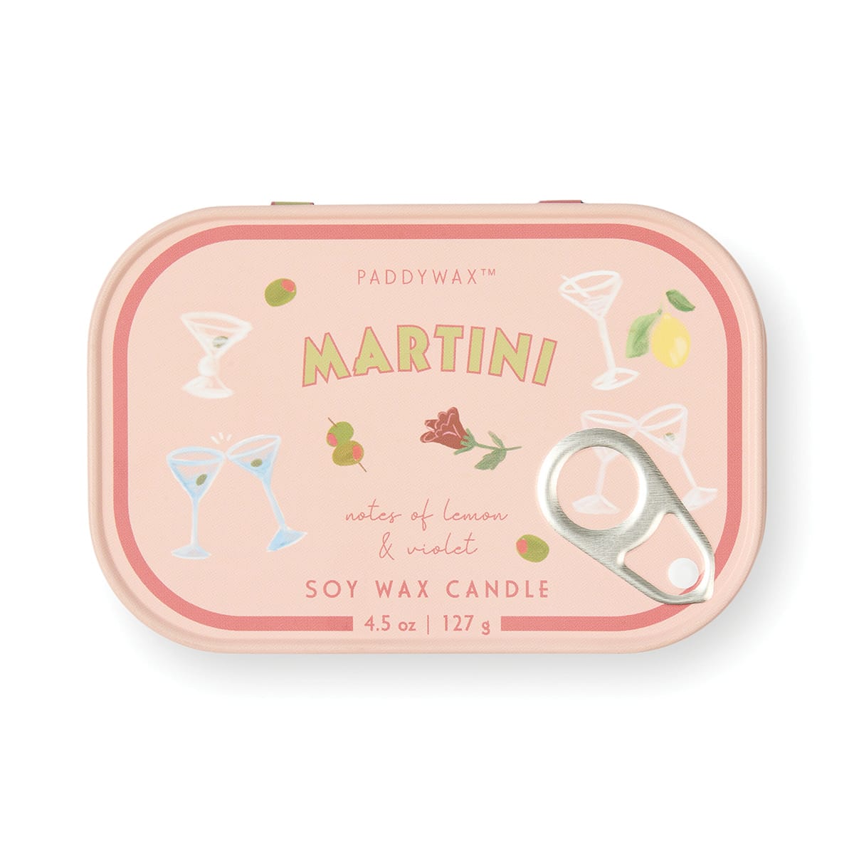 Bistro 4.5 oz Tin Candle, A pink tin candle illustrated with martini glasses, olives and a lemon, labeled Martini Soy Wax Candle.
