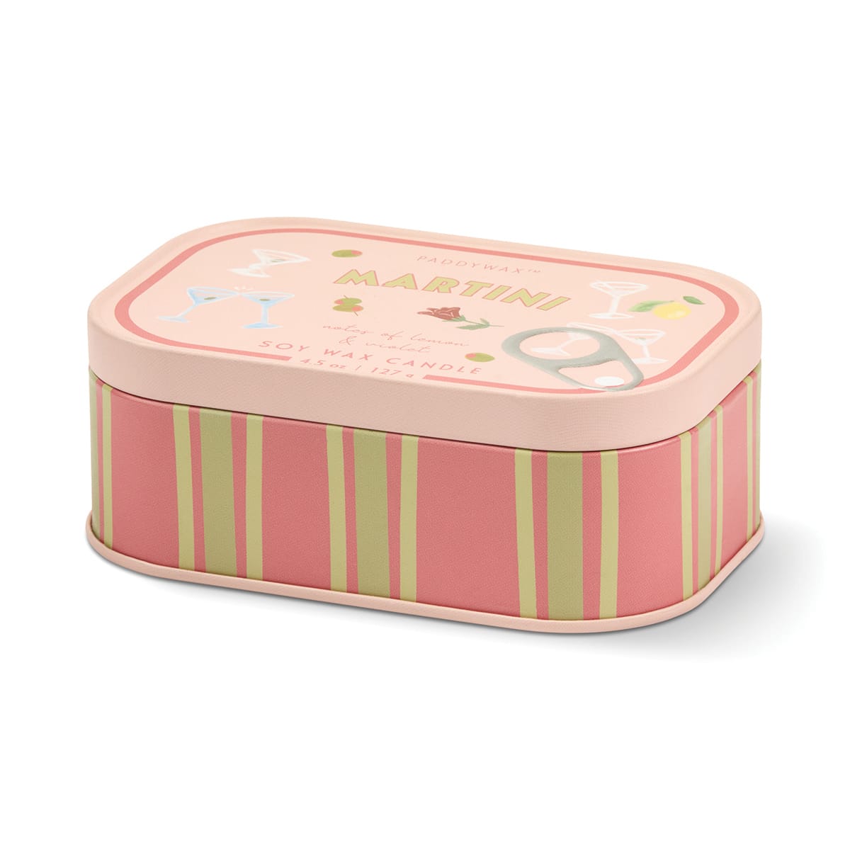 Bistro 4.5 oz Tin Candle, A pink tin candle illustrated with martini glasses, olives and a lemon, labeled Martini Soy Wax Candle.