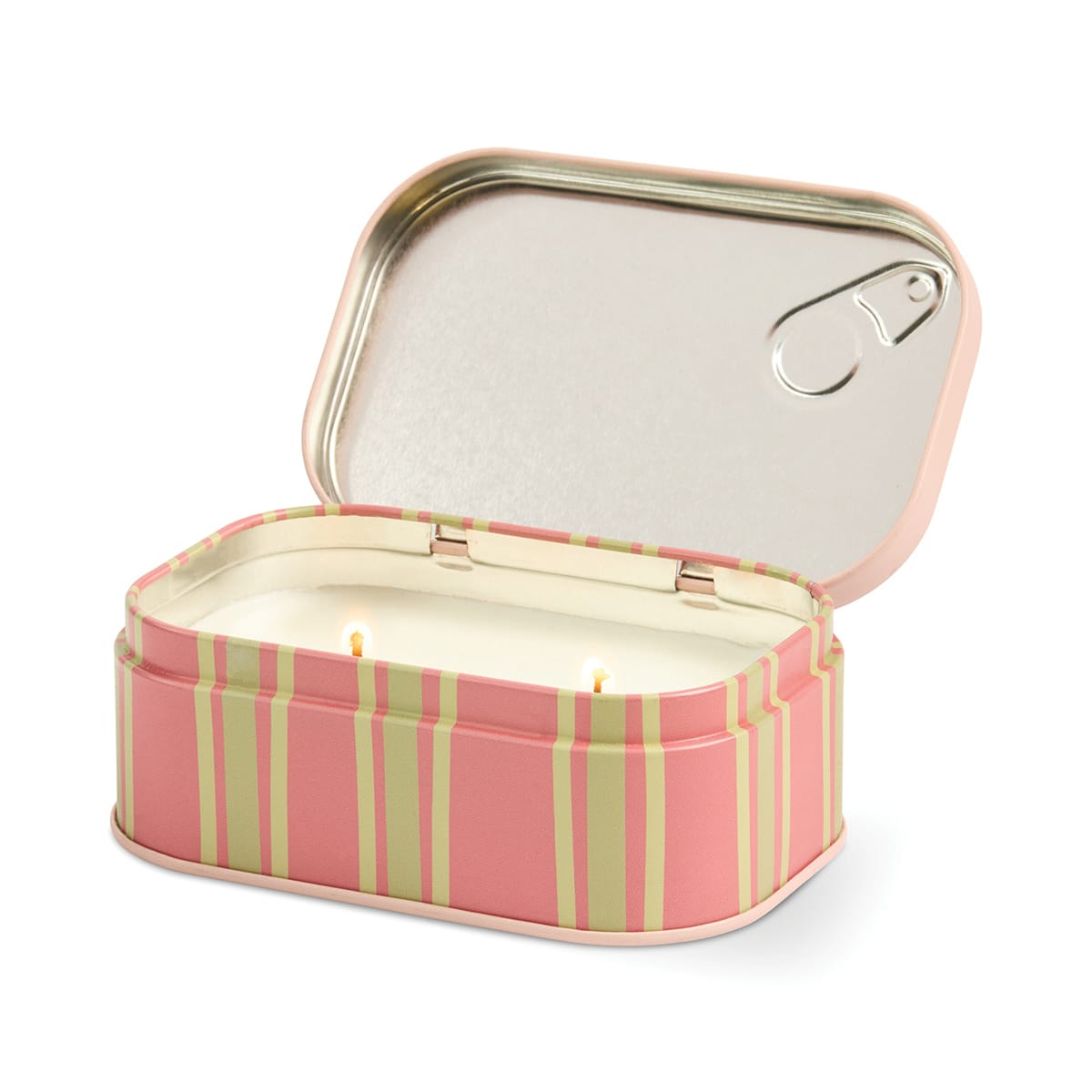 Bistro 4.5 oz Tin Candle, A pink tin candle illustrated with martini glasses, olives and a lemon, labeled Martini Soy Wax Candle.