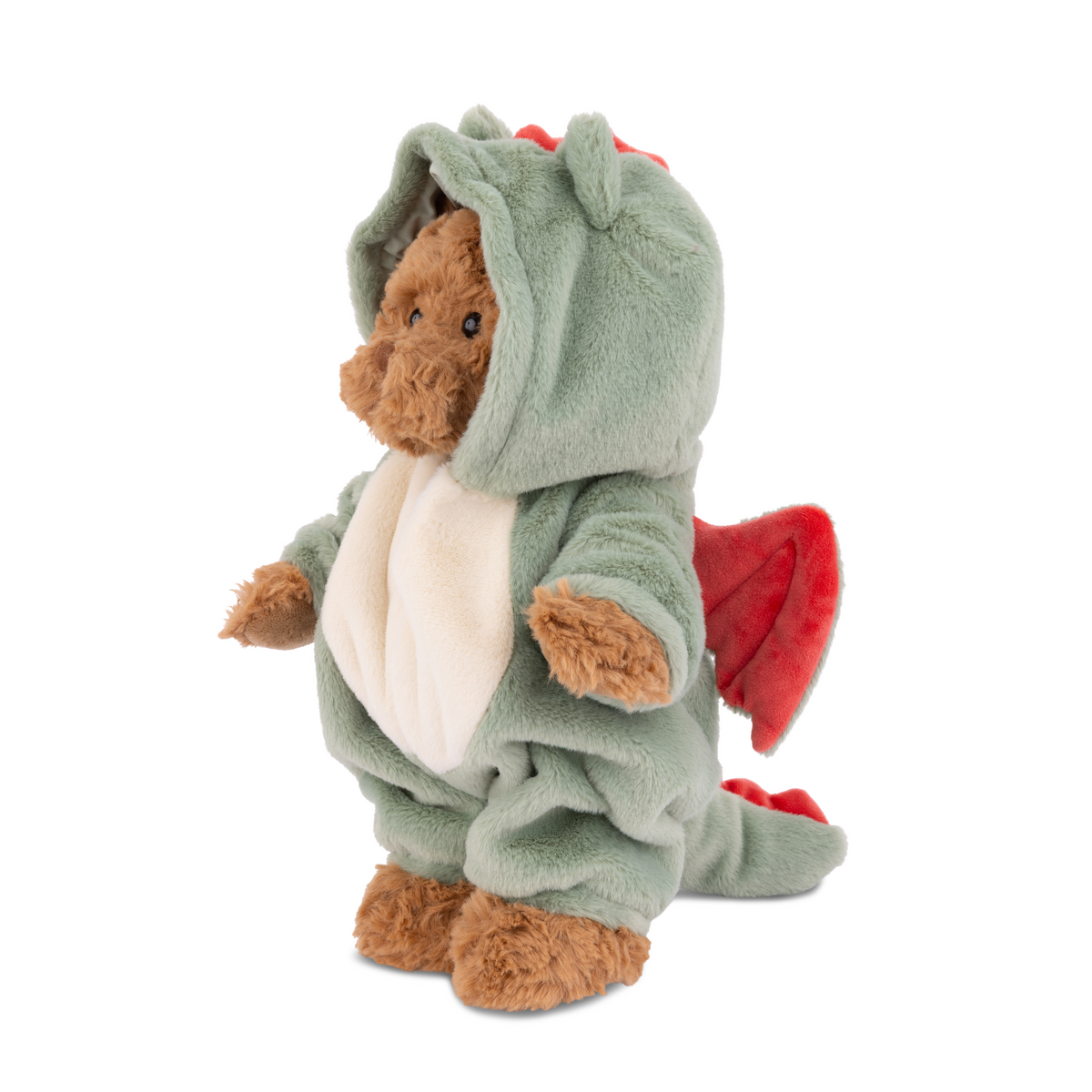 Bjorn Bear in Costume Plush, A golden-brown plush bear in a sage green hooded dragon onesie with a cream belly, red wings and a coral crest, standing against a white background.