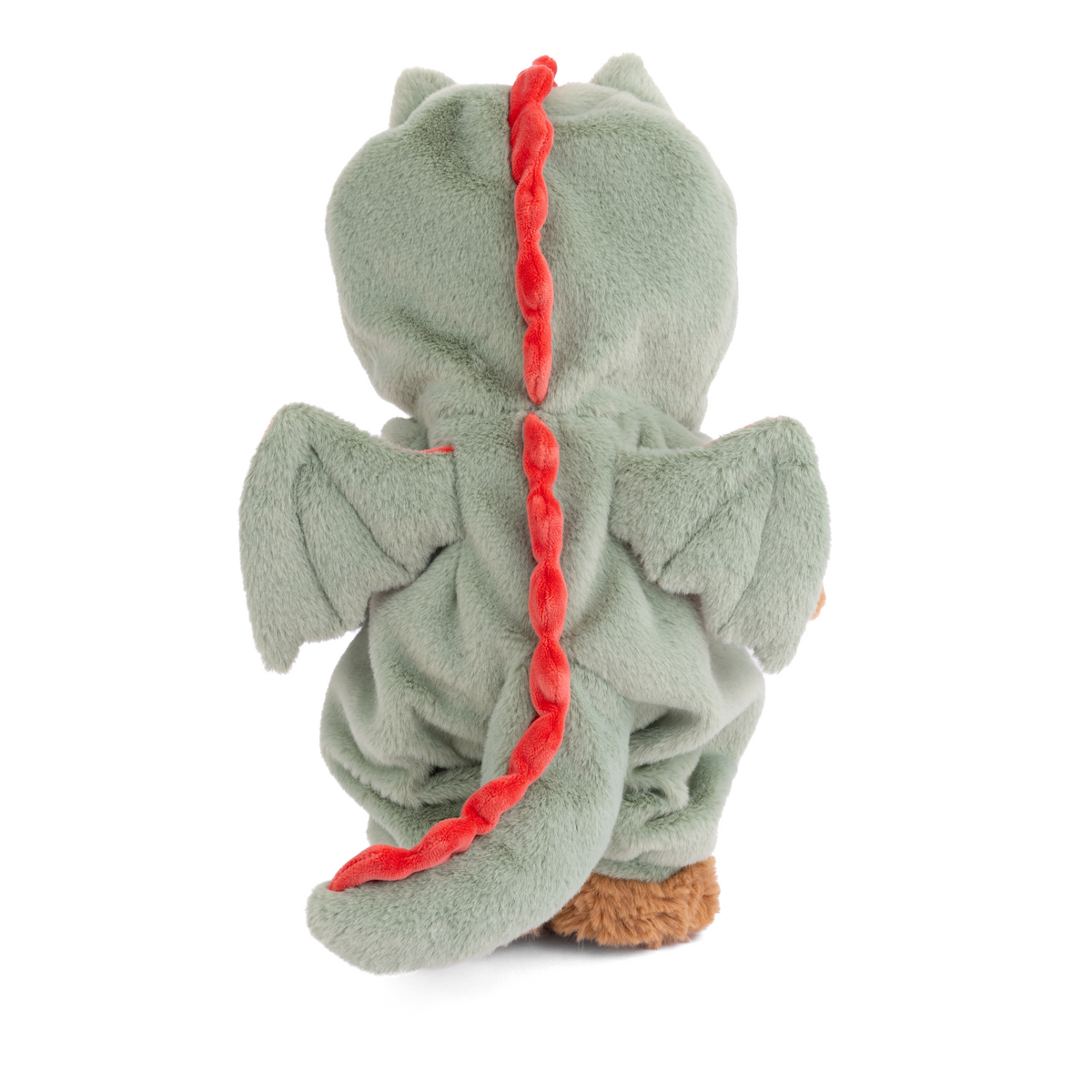 Bjorn Bear in Costume Plush, A golden-brown plush bear in a sage green hooded dragon onesie with a cream belly, red wings and a coral crest, standing against a white background.