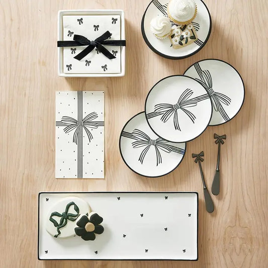 Ceramic Napkin Tray + Napkins - Black Bows