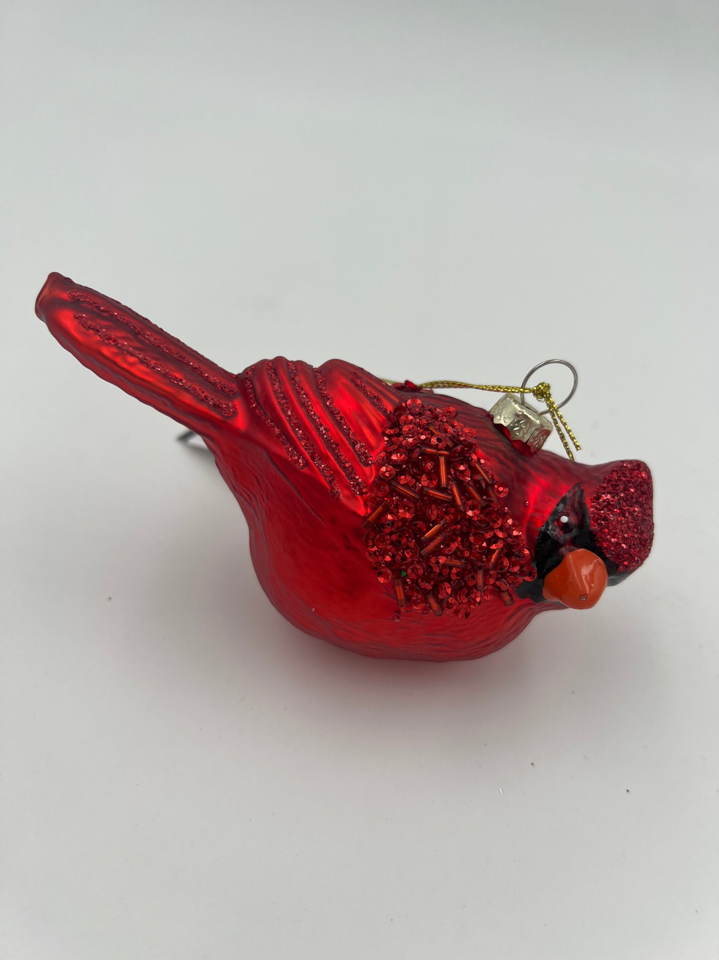 3" Red Glittered & Beaded Blown Glass Cardinal Ornament