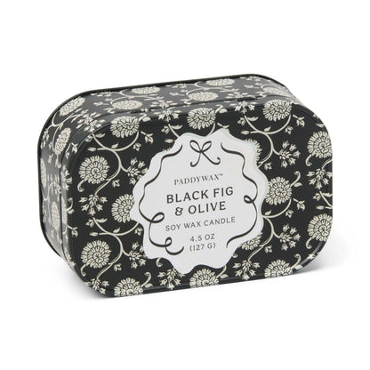 Chérie 4.5 oz Tin Candle, A black metal tin printed with a cream floral pattern, labeled Black Fig and Olive Soy Wax Candle.
