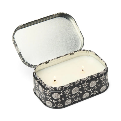 Chérie 4.5 oz Tin Candle, A black metal tin printed with a cream floral pattern, labeled Black Fig and Olive Soy Wax Candle.