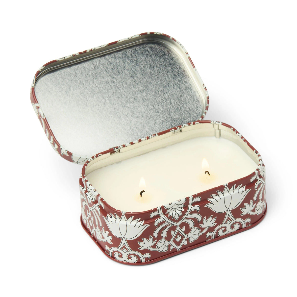 Chérie 4.5 oz Tin Candle, A black metal tin printed with a cream floral pattern, labeled Black Fig and Olive Soy Wax Candle.