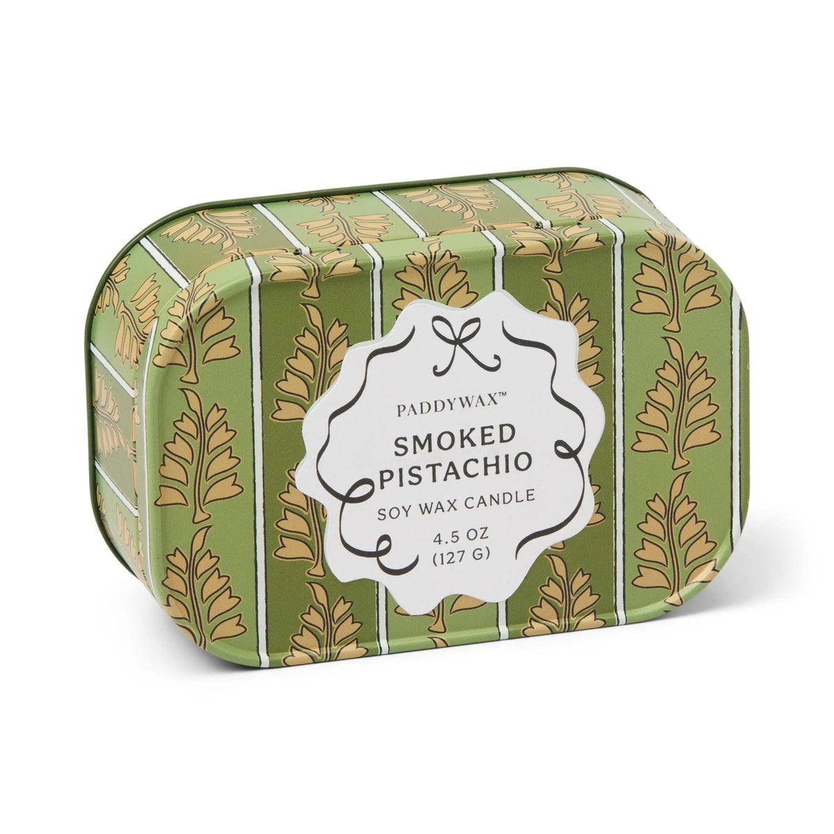 Chérie 4.5 oz Tin Candle, A black metal tin printed with a cream floral pattern, labeled Black Fig and Olive Soy Wax Candle.