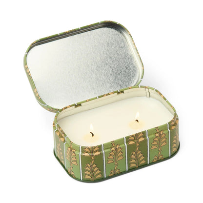 Chérie 4.5 oz Tin Candle, A black metal tin printed with a cream floral pattern, labeled Black Fig and Olive Soy Wax Candle.