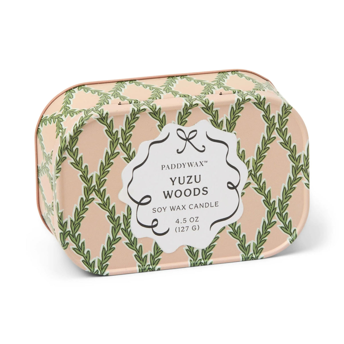 Chérie 4.5 oz Tin Candle, A black metal tin printed with a cream floral pattern, labeled Black Fig and Olive Soy Wax Candle.