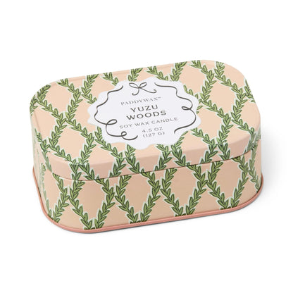Chérie 4.5 oz Tin Candle, A black metal tin printed with a cream floral pattern, labeled Black Fig and Olive Soy Wax Candle.